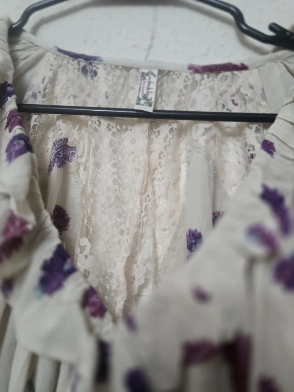 Free People Cream Blouse with Purple Floral Print and Ruffle V-Neck